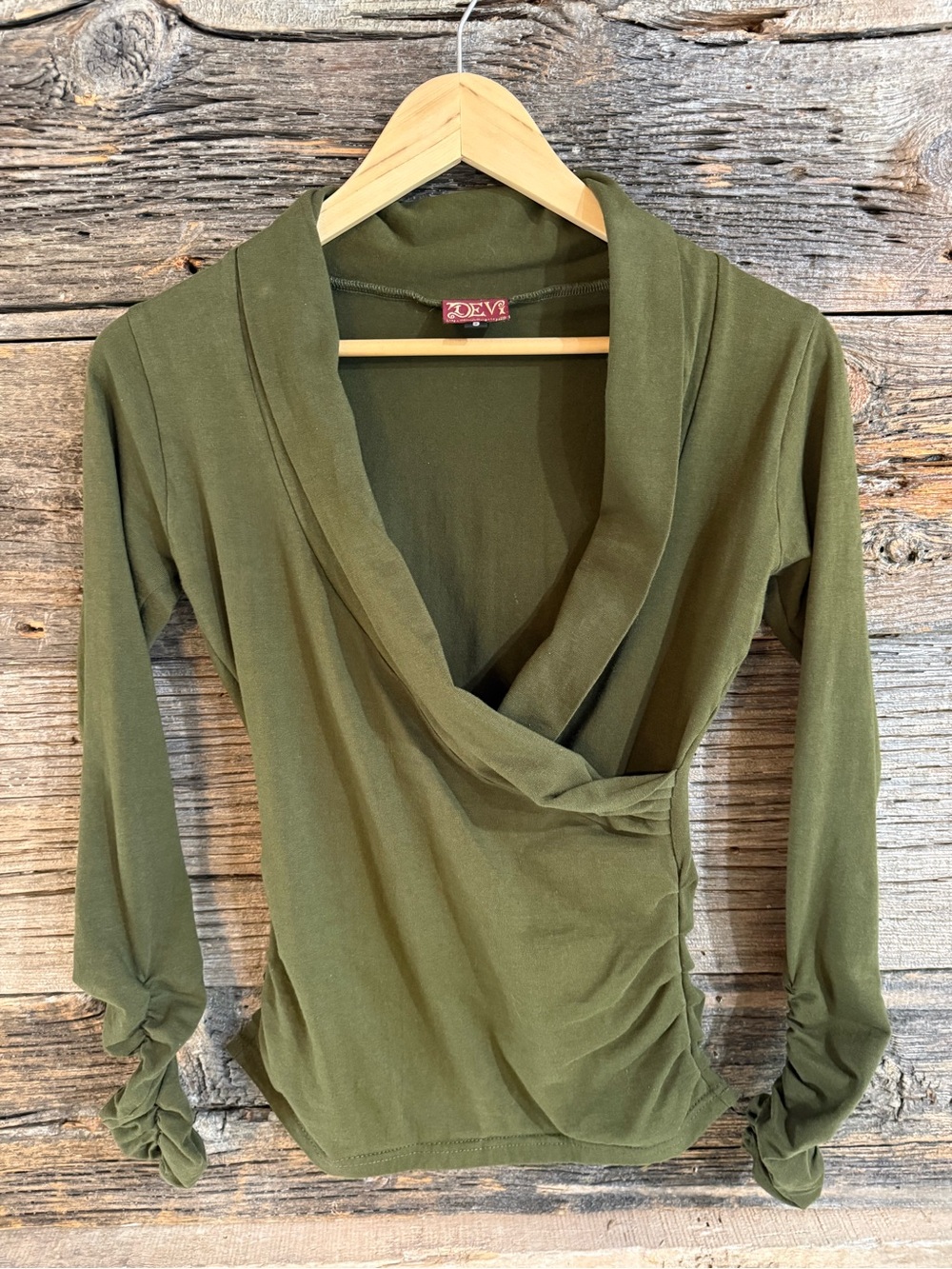 Devi Olive Green Wrap V-Neck Long Sleeve Top